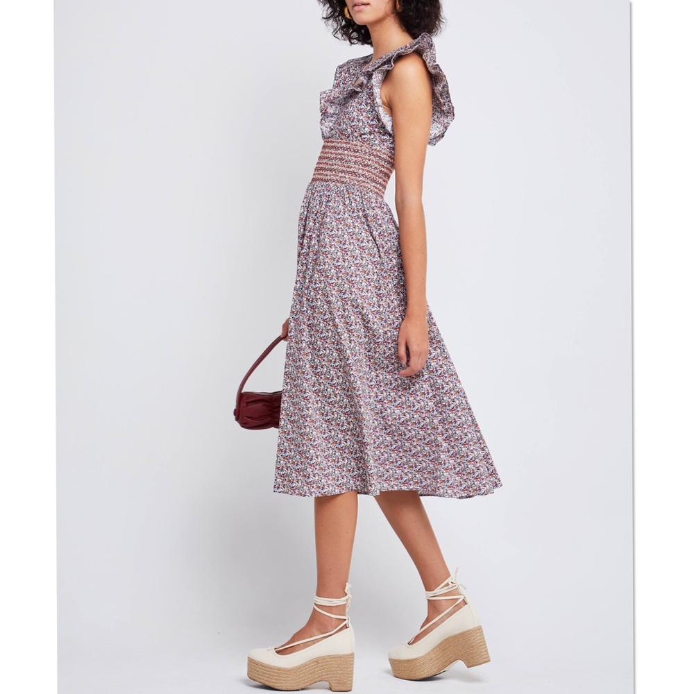 O.P.T. Scilla smocked floral print ruffled accent Fall dress